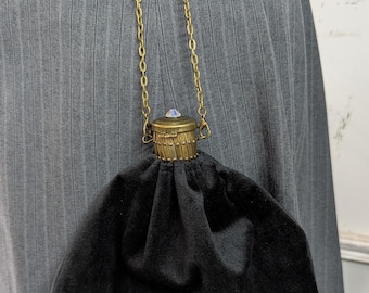 Gate Top Black Velvet Chatelaine Purse  Bronze or Silver Chain