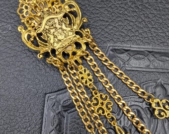 Gold Finish Victorian Crest Chatelaine with Waist Clip 5 Chains with clasps
