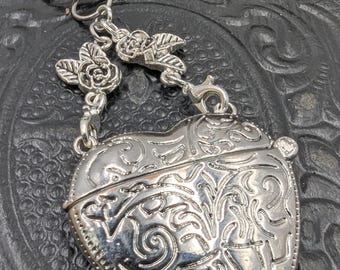 Chatelaine Mini Metal Heart Locket Purse 2" with Magnetic Closure and 2 Chain Lengths
