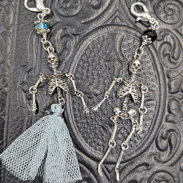 Chatelaine Charms - Mini Skeleton Couple Pendants Mr & Mrs Set or Separately with Extra Keychain Rings CUTE!!!