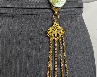 Gold Finish Oval Chatelaine Extra Large Cameo Pendant - 7 Choices with Waist Clip 5 Chains and Hooks for Fiber Arts Tools
