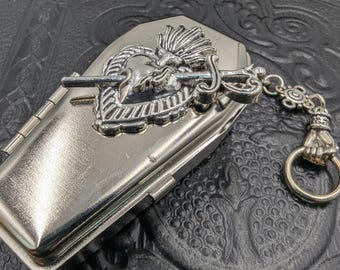 Chatelaine - Metal Coffin Box with Heart and Dagger Charm  - Needle Case, Small Item Container Ashtray