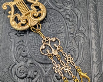 Gold Finish "Mini" Lyre Harp Chatelaine  with Waist Clip and 3 Chains with Clasps