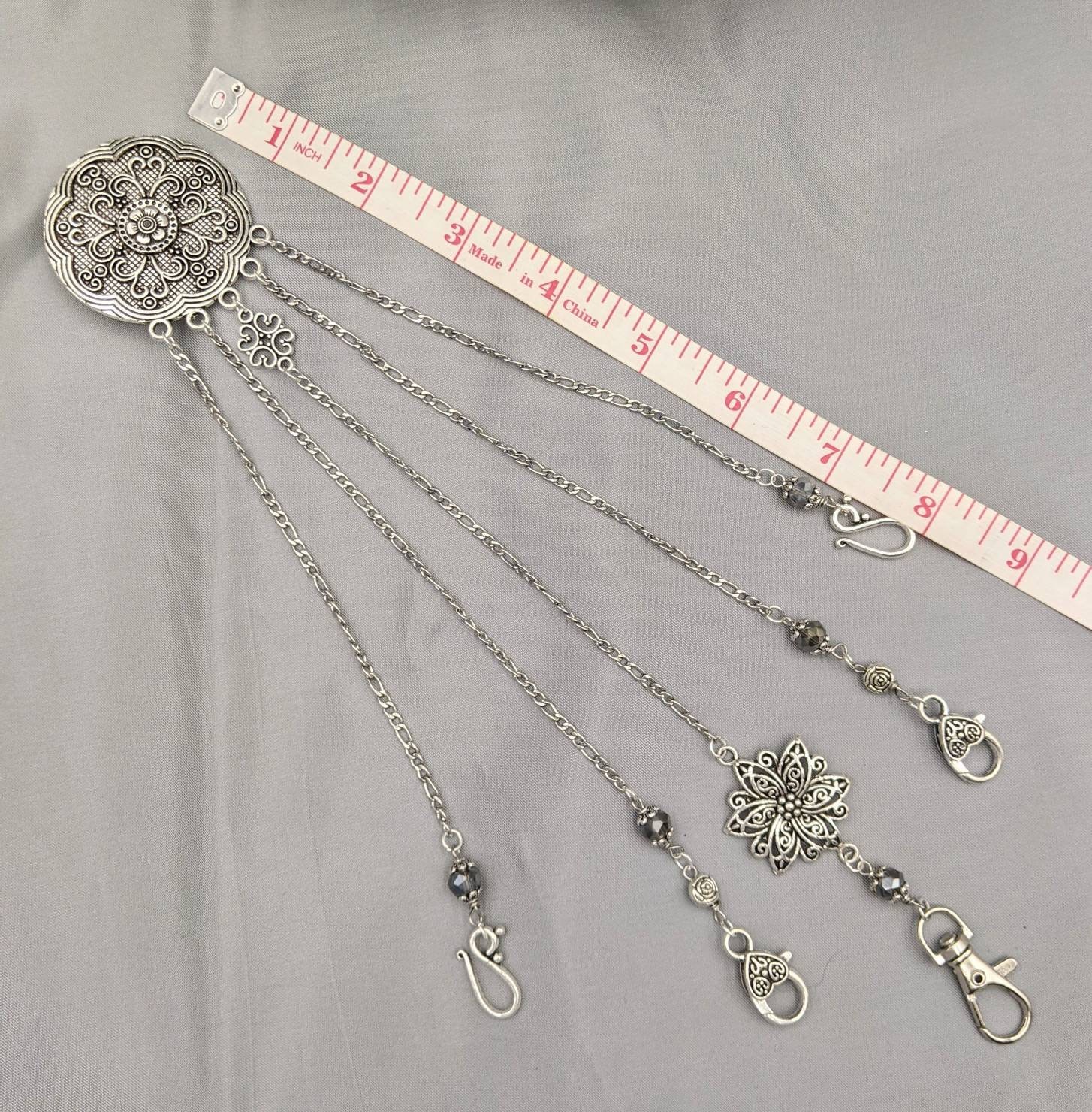 Round Floral Chatelaine with Waist Clip  5 Chains and Hooks for Fiber Arts