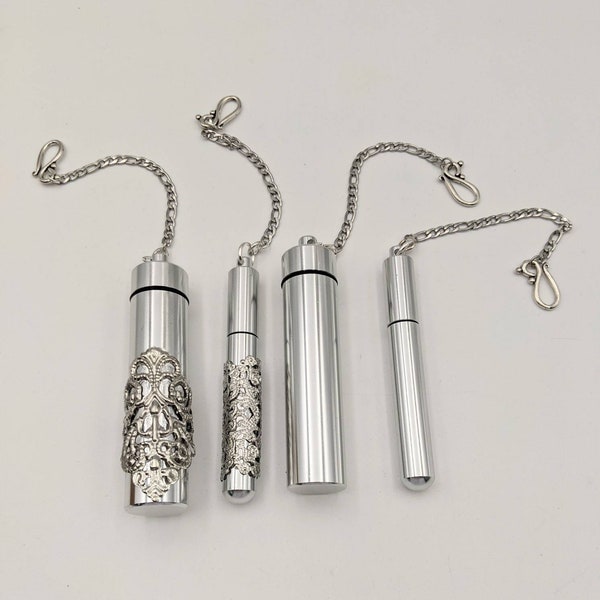 Chatelaine Tools - 3" Needle Case Stainless Steel on a Chain with Hook - Filigree or Plain - 2 widths