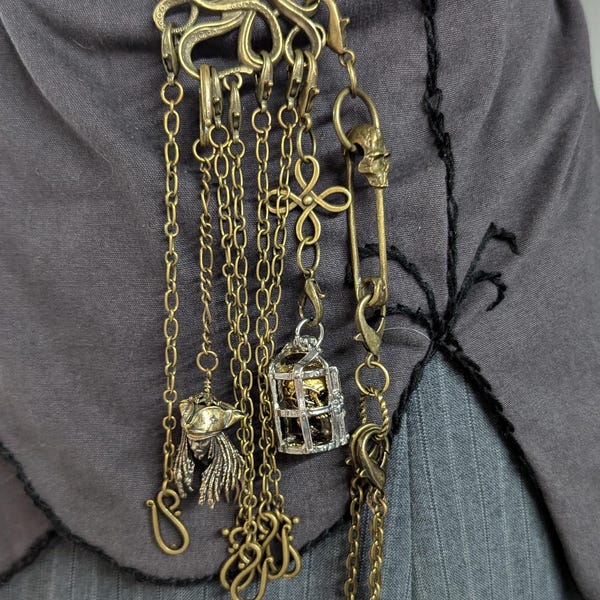 Barco pirata Chatelaine de bronce o plata con clip de cintura, pulpo, 5 cadenas extraíbles y accesorios opcionales