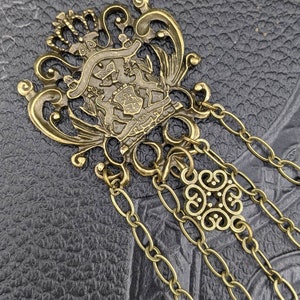 Bronze Victorian Crest Chatelaine with Waist Clip  5 Chains and Hooks for Fiber Arts Tools