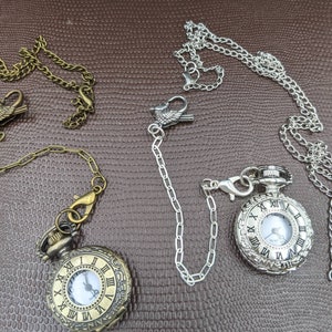 Chatelaine Tools - 1&quot; Pocket Watch Bronze or Silver with Bird Clasp & Necklace Chain