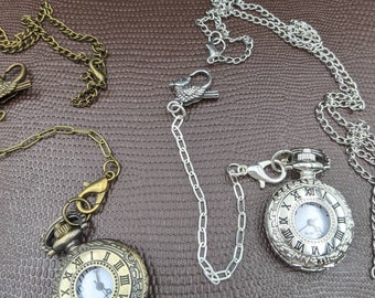 Chatelaine Tools - 1&quot; Pocket Watch Bronze or Silver with Bird Clasp & Necklace Chain