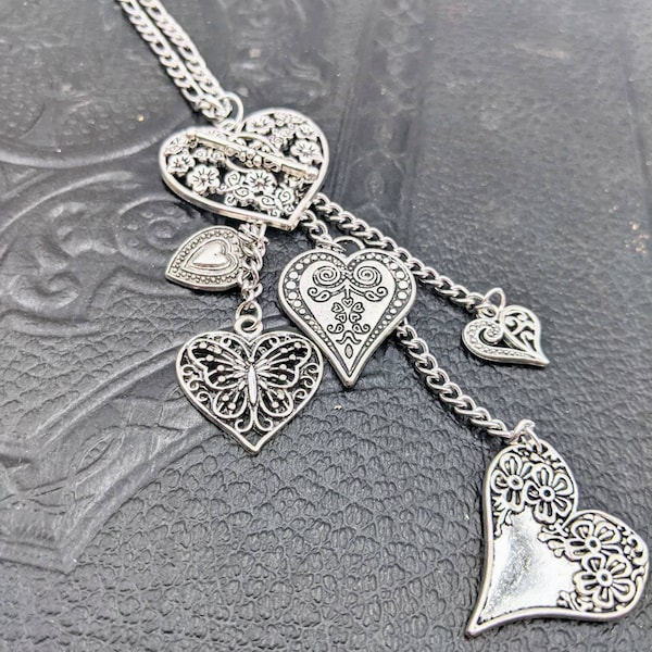 Victorian Filigree Heart Necklace with Toggle Dangle Charms Bronze or Silver Valentine