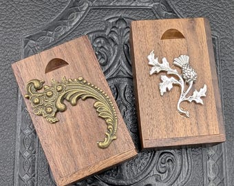 Wooden Trinket Box 3x2x1" Slide Lid Bronze or Silver Embellishment