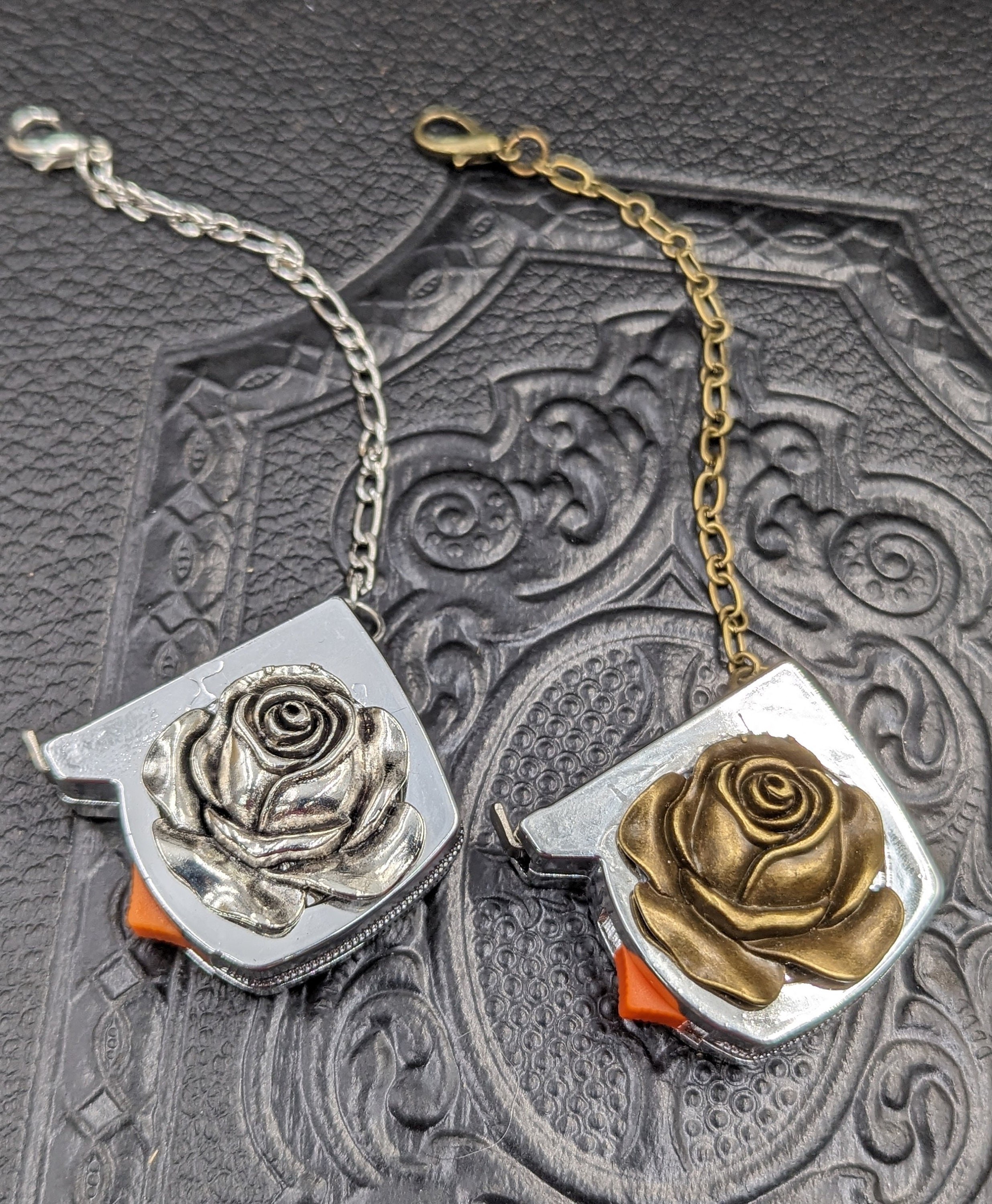 Chatelaine Tools - Mini Metal Tape Measure on a Chain with Clasp Vintage Rose in Bronze or Silver