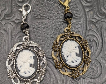 Chatelaine Charms  - Halloween Charms for Apothecary Chatelaines - Skeleton Cameo and Crystal on Chain with Clip