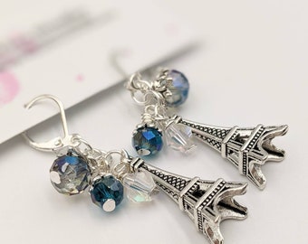 Paris Cluster Earrings Eiffel Tower Charm and Crystal Beads 925 Silver Leverback