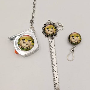 Chatelaine Tools -  Sheep Family - Metal Tape Measure, Ruler, and Magnetic Brooch Pin (Portuguese Knitting Pin) Sold as Set or Separately