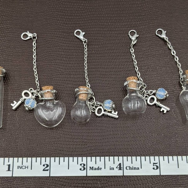 Chatelaine Tools - Tiny Glass Vials with Charms on Silver Chains with Clasps - 5 Options