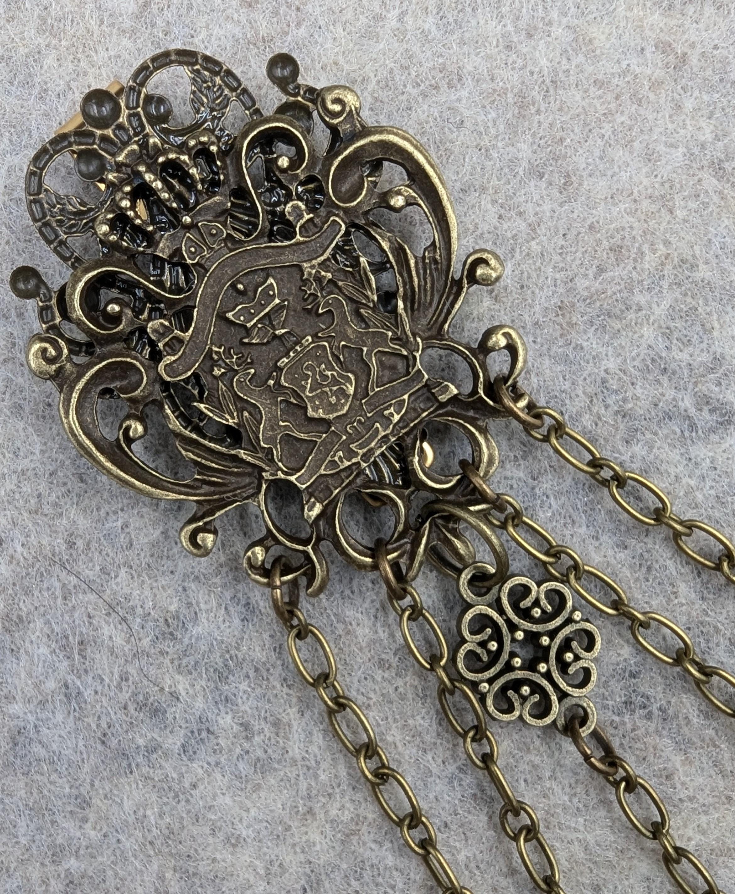 Bronze Victorian Crest Chatelaine with Waist Clip  5 Chains and Hooks for Fiber Arts Tools