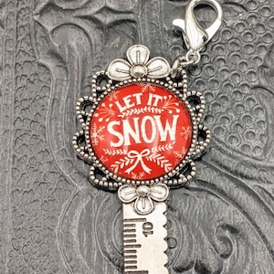 Chatelaine Tools - Bronze or Silver Metal Ruler Let It Snow Cabochon on Lobster Clasp Christmas