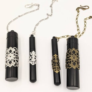 Chatelaine Tools - Black Needle Case Stainless Steel on a Chain with Hook - Silver or Bronze Filigree or Plain - 2 sizes