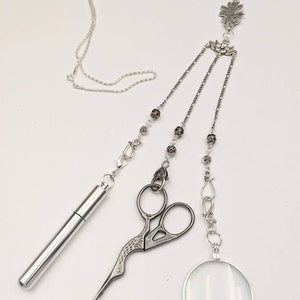 Victorian Chatelaine Necklace Silver Leaf with 3 Chains and Hooks for Fiber Arts - With or Without Tools