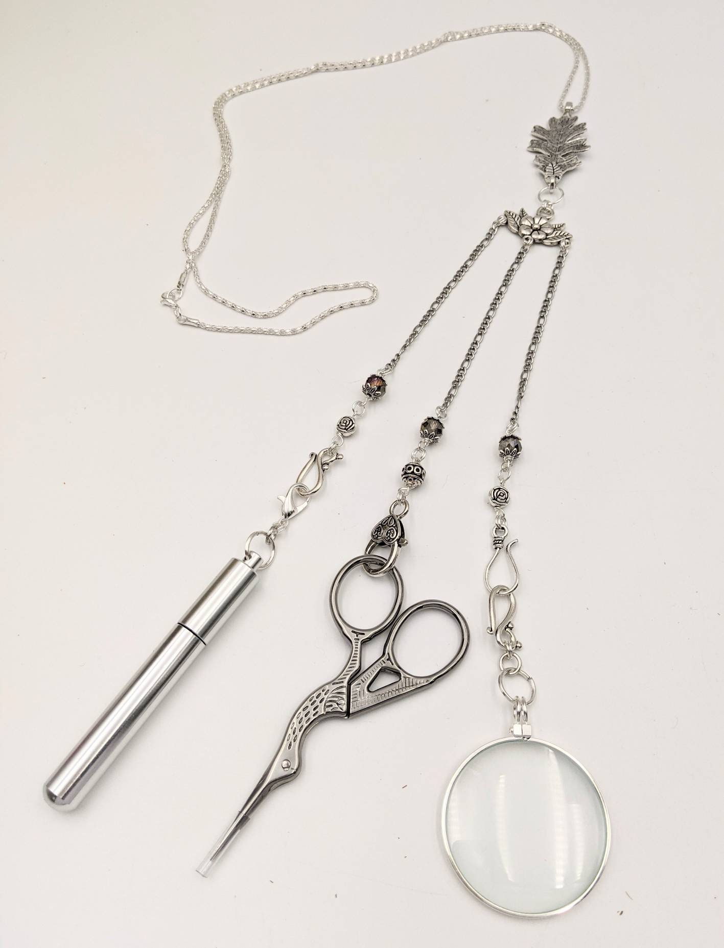 Victorian Chatelaine Necklace Silver Leaf with 3 Chains and Hooks for Fiber Arts - With or Without Tools