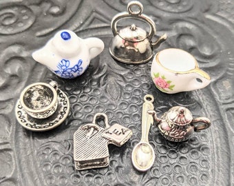 Tea Party Charm Set 7 Pieces - Tea Pots, Tea Cups, Spoon, Tea Bag