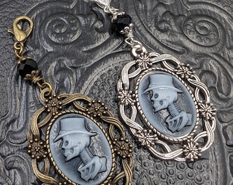 Chatelaine Charms - Top Hat Skeleton Cameo and Crystal on Chain with Clip - Halloween Charms for Apothecary Chatelaines