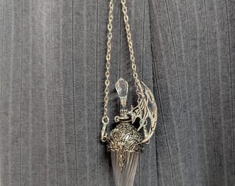 Medieval Dragon Vial - Glass Pendulum with Silver Carvings 2 Removable Chains
