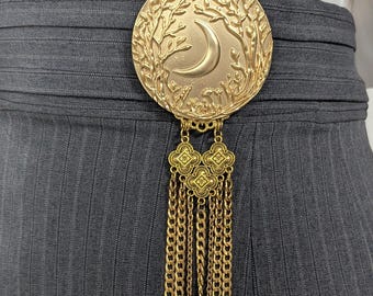 Gold Finish Moon & Trees Chatelaine with Waist Clip  5 Chains and Hooks for Fiber Arts Tools