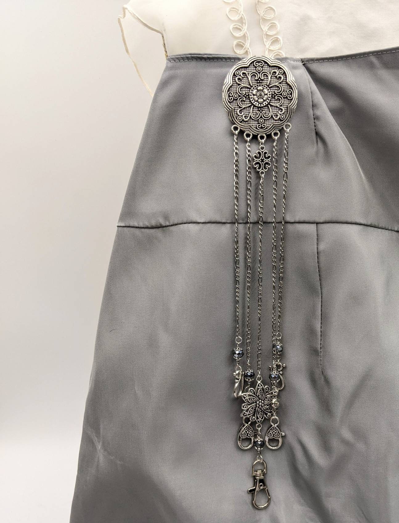 Round Floral Chatelaine with Waist Clip  5 Chains and Hooks for Fiber Arts