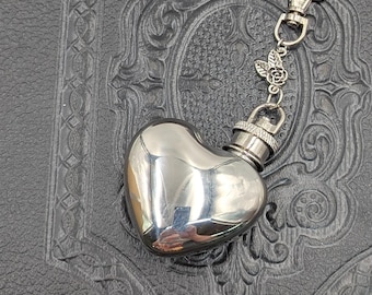 Chatelaine Accessory - Mini Stainless Steel Flask Heart Shaped with Velvet Pouch