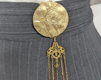 Gold Finish Botanical Chatelaine with Waist Clip  5 Chains with Clasps
