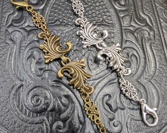 Chatelaine Tools - Scroll Fob in Bronze or Silver Extension Chain - Scissors Watch or Other Tools