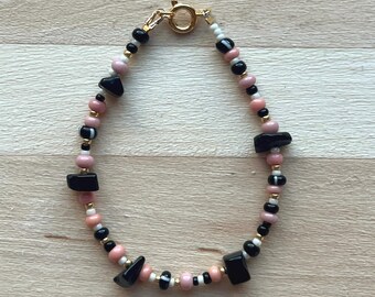 Black and Pink Beaded Bracelet with Gold Accents