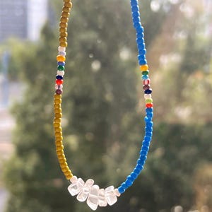 Beaded Necklace: Blue Green Glass Chip Center