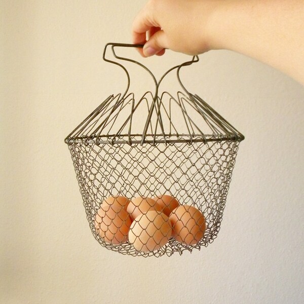 vintage egg basket metal folding basket
