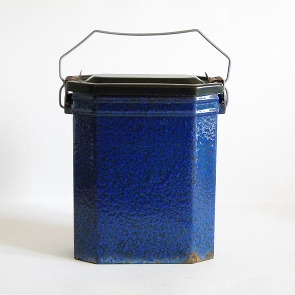 enamel pail lunch box french vintage blue and black container