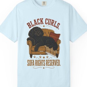 May include: A light blue t-shirt featuring a graphic of a black curly-haired dog lying on a tan armchair with a red pillow and a fringed blanket. The text reads BLACK CURLS. SOFA RIGHTS RESERVED. The design includes small paw print accents.