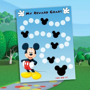 May include: A blue and white printable reward chart featuring Mickey Mouse. The chart has a path of white circles with black Mickey Mouse heads at the end of each path. The text "My Reward Chart" is at the top of the chart. The text "You Did It!" is at the bottom of the chart.