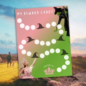 May include: A printable reward chart featuring a green witch and a girl in a pink dress. The chart has a pink and green gradient background with a path of white circles and black witch hats. The text "MY REWARD CHART" is at the top of the chart. The text "YOU DID IT!" is at the bottom of the chart with a pink crown.