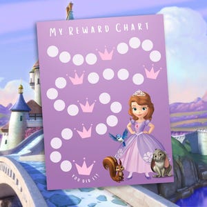 May include: A purple reward chart featuring the text "My Reward Chart" and "You Did It!". The chart has a dotted path with crowns and circles, and an illustration of a princess with animal friends.