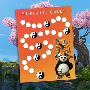 May include: A printable reward chart featuring Kung Fu Panda characters. The chart has a bright orange background with a yin yang symbol in the center. There are 20 circles around the yin yang symbol, with a black and white yin yang symbol in every other circle. The text "MY REWARD CHART" is at the top of the chart. The text "YOU DID IT" is at the bottom of the chart.