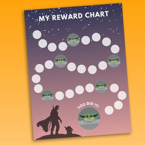 May include: A printable reward chart featuring a Star Wars theme with a silhouette of a Mandalorian and Grogu. The chart has a path of circles to colour in as rewards are earned. The text "You Did It!" is at the end of the path.