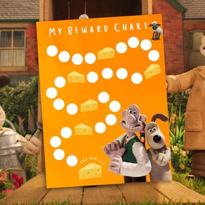 May include: A printable reward chart featuring a yellow background with a winding path of white circles and cheese wedges. The chart says "My Reward Chart" at the top and "You Did It!" at the bottom. The characters Wallace and Gromit from the animated film series are pictured at the bottom of the chart.