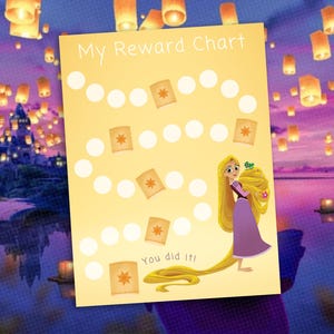 May include: A yellow printable reward chart featuring Rapunzel from the Disney movie Tangled. The chart has a path of circles with stars to color in as a child completes tasks. The text "My Reward Chart" and "You did it!" are on the chart.