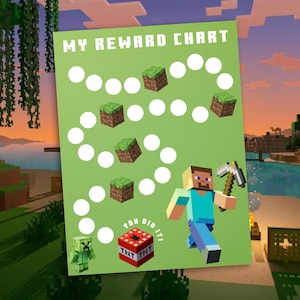 May include: A green reward chart with the text "MY REWARD CHART" and Minecraft-themed graphics. The chart features a path of white circles, grass blocks, and character illustrations. A TNT block and a Creeper are also shown.