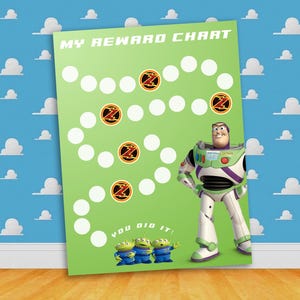 May include: A green and white reward chart featuring Buzz Lightyear from the Toy Story franchise. The chart has a path of white circles with red and yellow 'Z's in the center of some of the circles. The chart says 'My Reward Chart' at the top and 'You Did It!' at the bottom. Three green aliens are standing below the text.