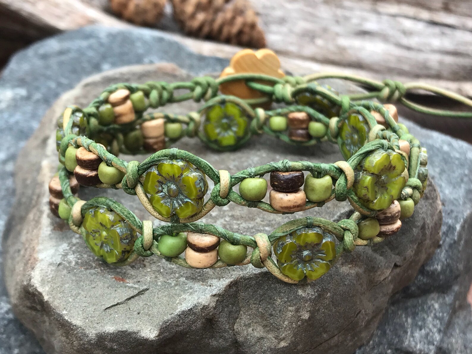 Leather Bracelet/green Leather Wrap Bracelet/czech Glass Etsy