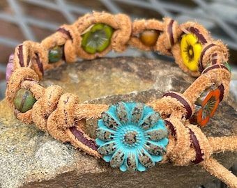 Czech Glass Flower Bracelet, Rustic Leather Cord, Turquoise Daisy Button