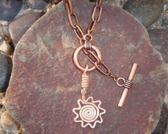 Handmade Copper Sun Pendant Necklace, Toggle Clasp, Unique Design